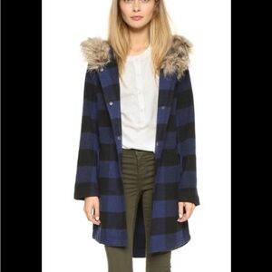 Wool blend parka jacket plaid pattern blue/black size M